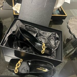 Saint Laurent Black Heels with Gold Chain Accent